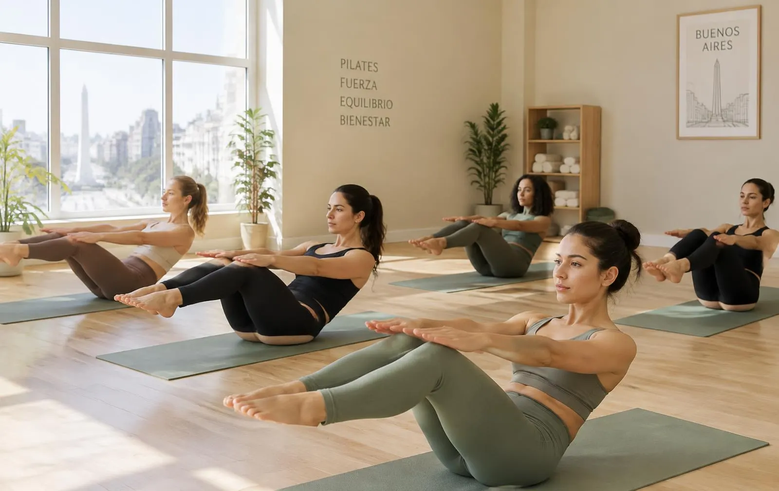 Clase grupal de Pilates mat en sala luminosa de Go Fit Pilates Recoleta