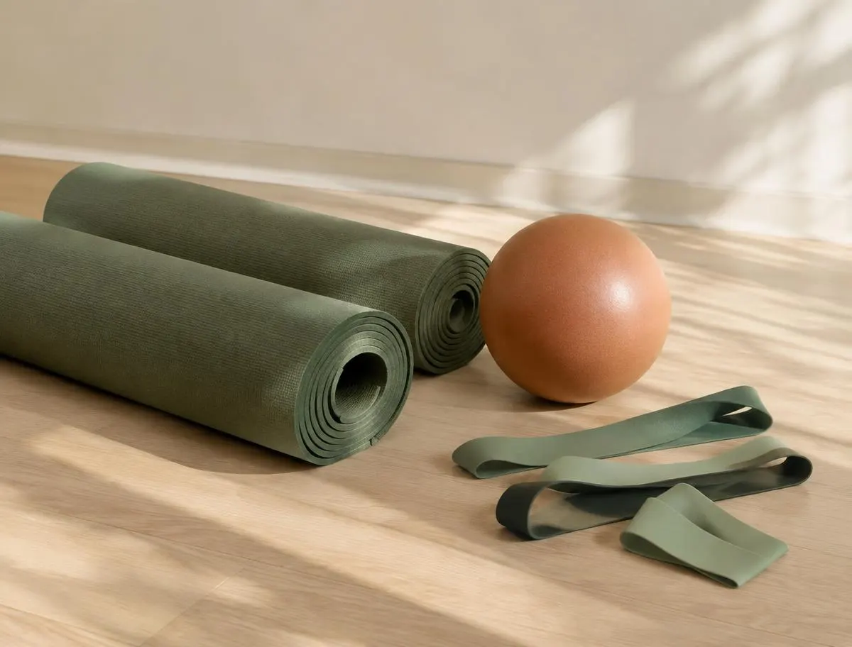 Esterillas, pelota y bandas elásticas para clases de Pilates con material